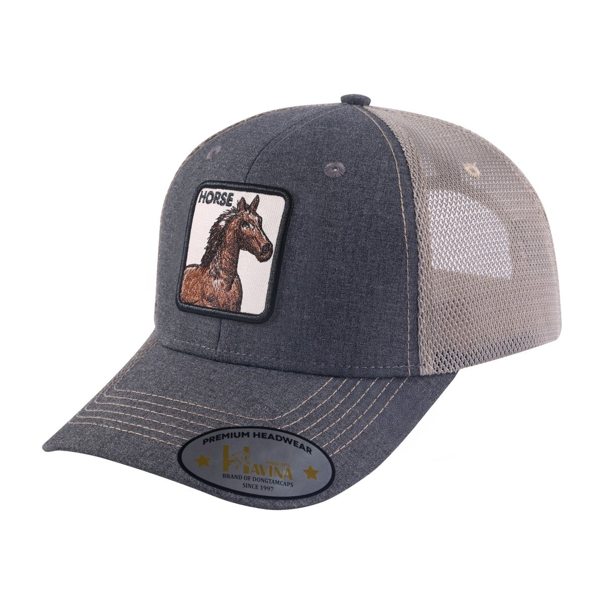 Unisex Embroidered The Horse, 6-Panel Trucker Hat, Dark Grey/Khaki, Adjustable Fit