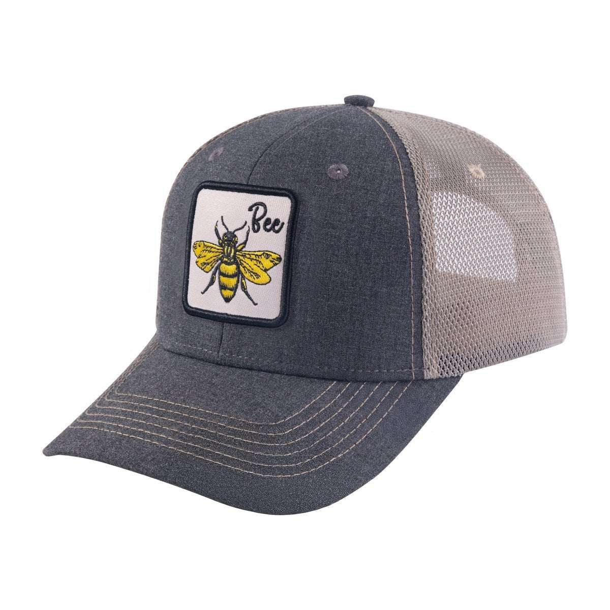 Unisex Embroidered The Bee, 6-Panel Trucker Hat, Dark Grey/Khaki, Adjustable Fit