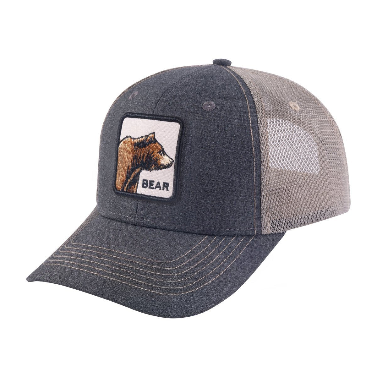 Unisex Embroidered The Bear, 6-Panel Trucker Hat, Dark Grey/Khaki, Adjustable Fit