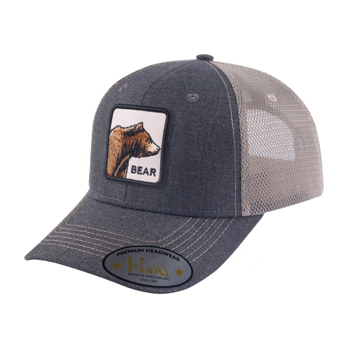 Unisex Embroidered The Bear, 6-Panel Trucker Hat, Dark Grey/Khaki, Adjustable Fit