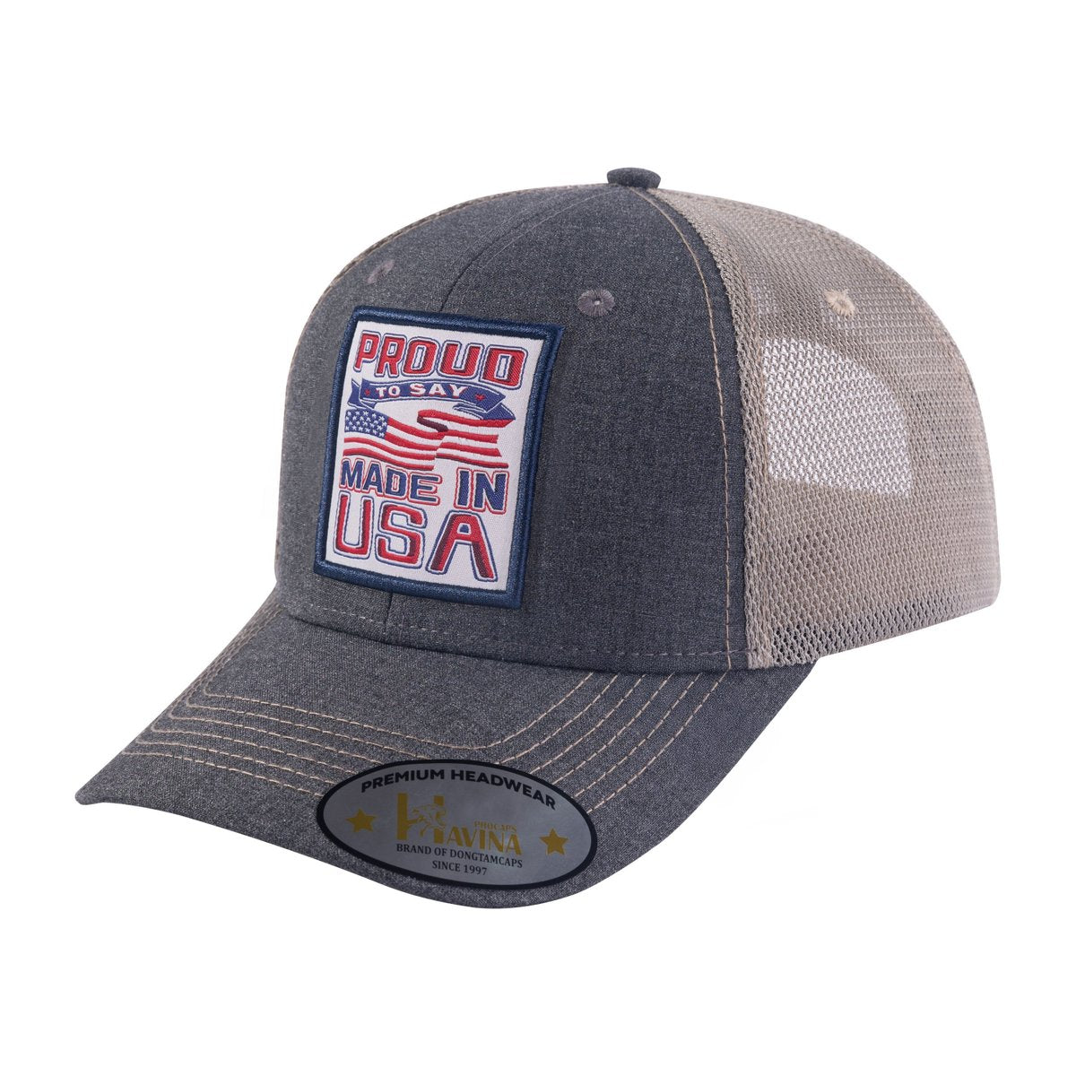 Unisex Embroidered Proud To Say Made In US, 6-Panel Trucker Hat, Dark Grey/Khaki, Adjustable Fit