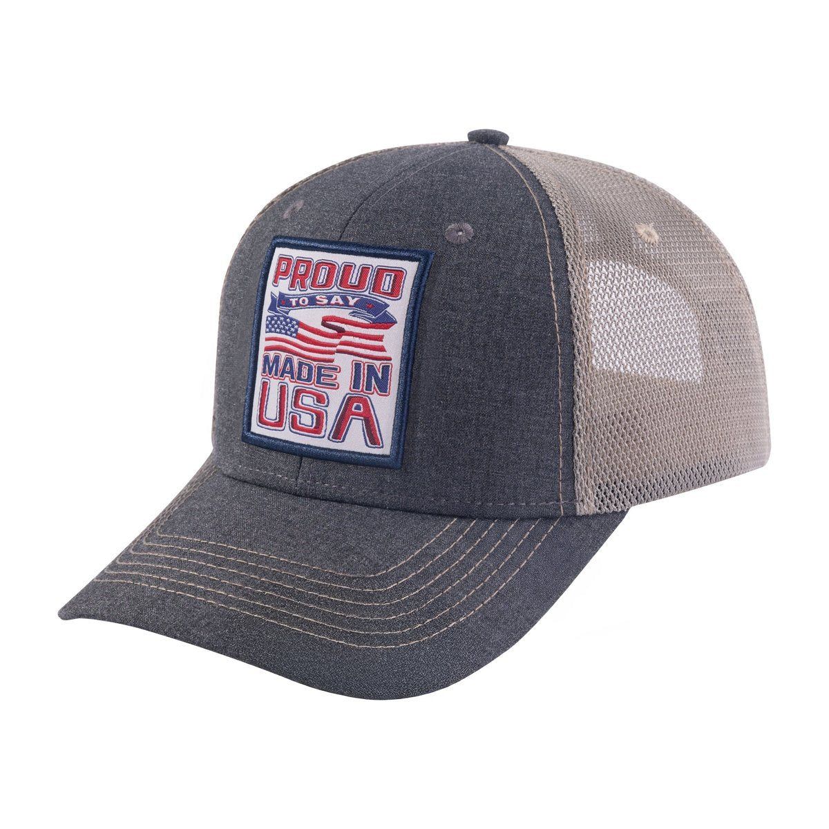 Unisex Embroidered Proud To Say Made In US, 6-Panel Trucker Hat, Dark Grey/Khaki, Adjustable Fit