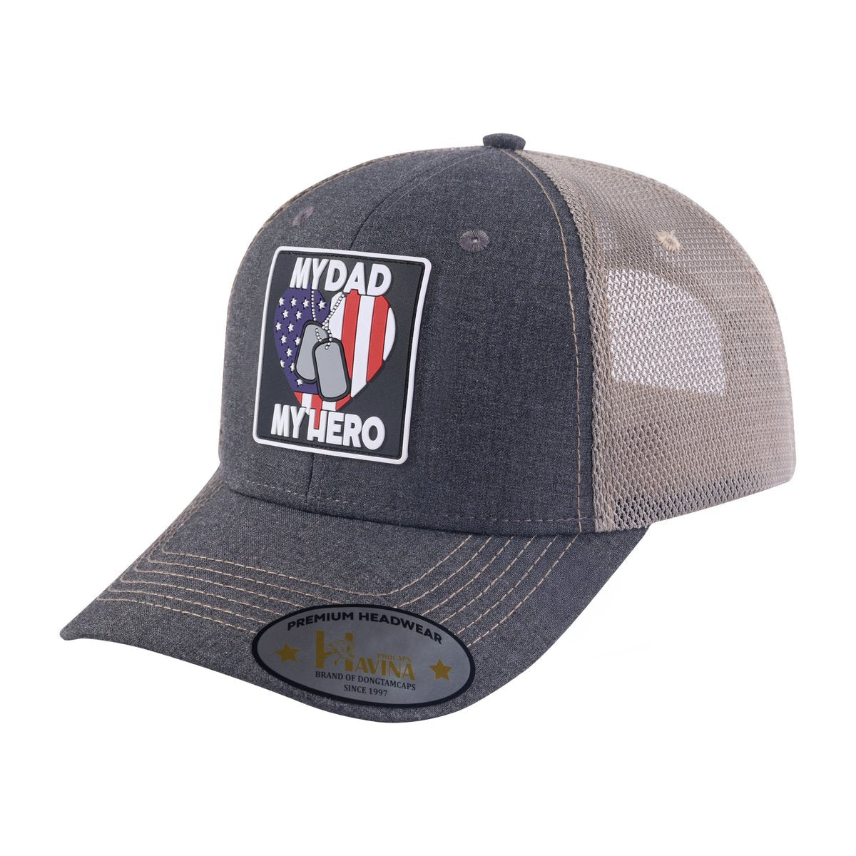 Embroidered My Dad My Hero - 6 Panel Trucker Hat - Dark Grey/Khaki