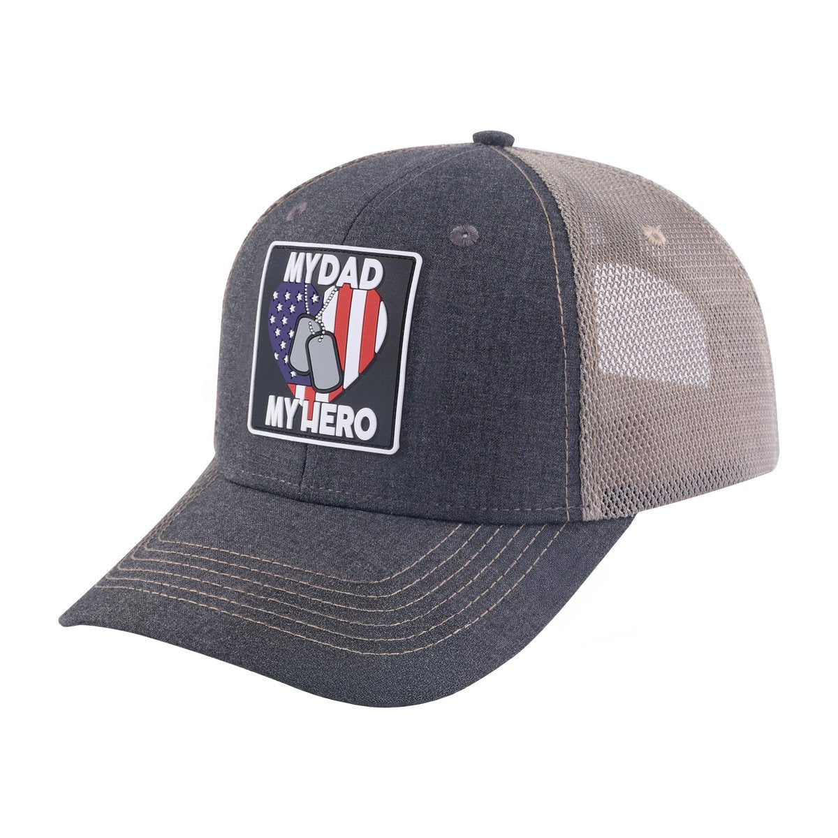Unisex Embroidered My Dad My Hero, 6-Panel Trucker Hat, Dark Grey/Khaki, Adjustable Fit