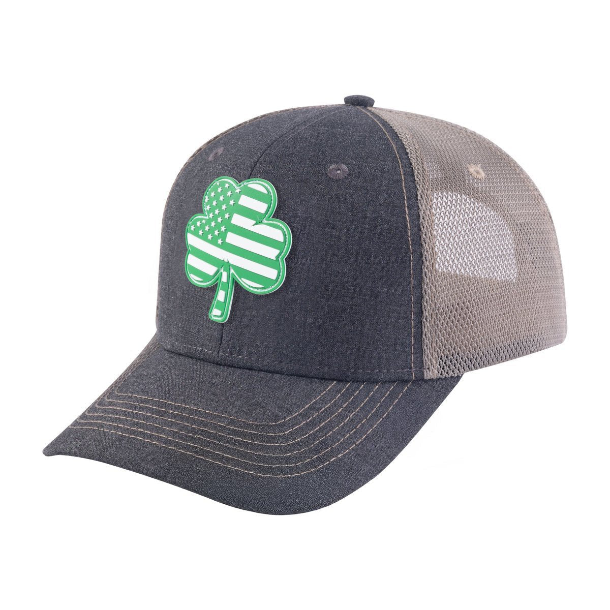 Unisex Embroidered St. Patrick'S Day Four Leaf Shamrock, 6-Panel Trucker Hat, Dark Grey/Khaki, Adjustable Fit