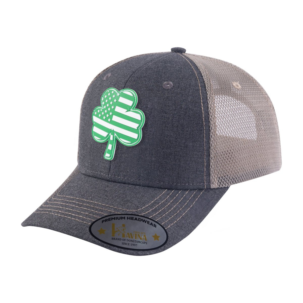 Unisex Embroidered St. Patrick'S Day Four Leaf Shamrock, 6-Panel Trucker Hat, Dark Grey/Khaki, Adjustable Fit