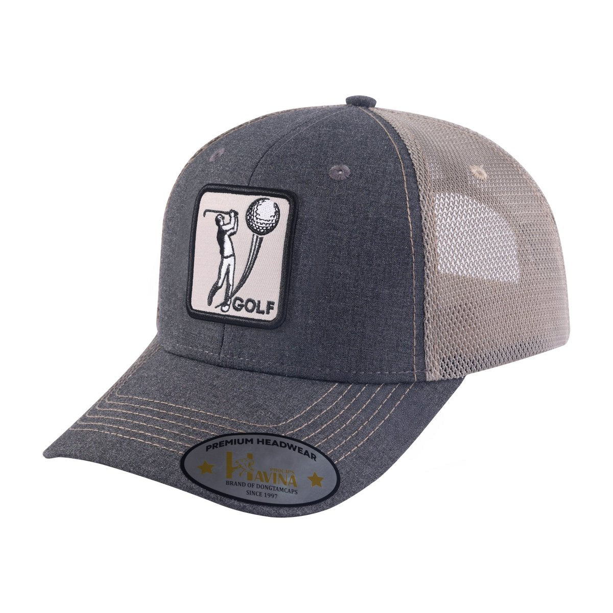 Unisex Embroidered Golf, 6-Panel Trucker Hat, Dark Grey/Khaki, Adjustable Fit