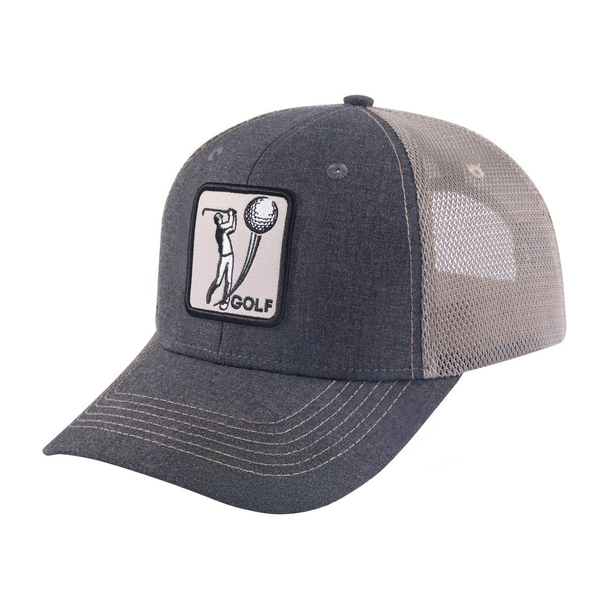 Unisex Embroidered Golf, 6-Panel Trucker Hat, Dark Grey/Khaki, Adjustable Fit