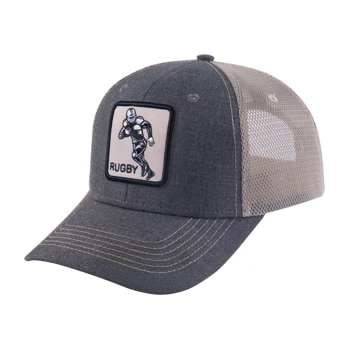 Unisex Embroidered Rugby/Football, 6-Panel Trucker Hat, Dark Grey/Khaki, Adjustable Fit