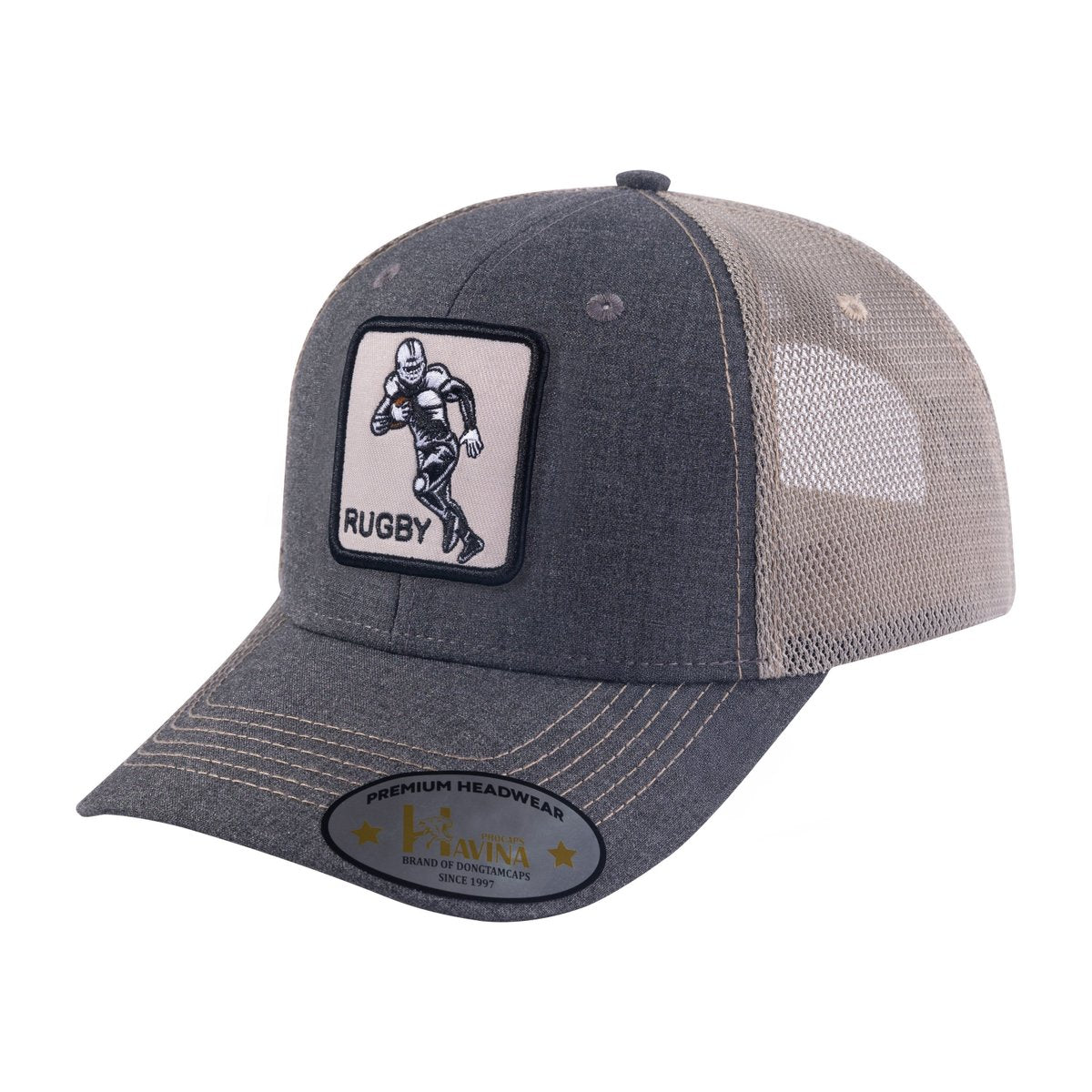 Unisex Embroidered Rugby/Football, 6-Panel Trucker Hat, Dark Grey/Khaki, Adjustable Fit