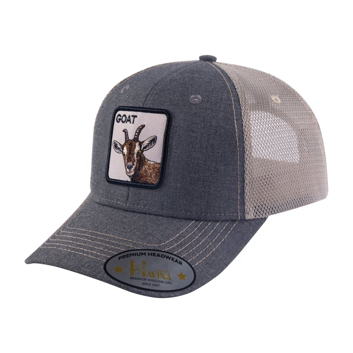 Unisex Embroidered The Goat, 6-Panel Trucker Hat, Dark Grey/Khaki, Adjustable Fit