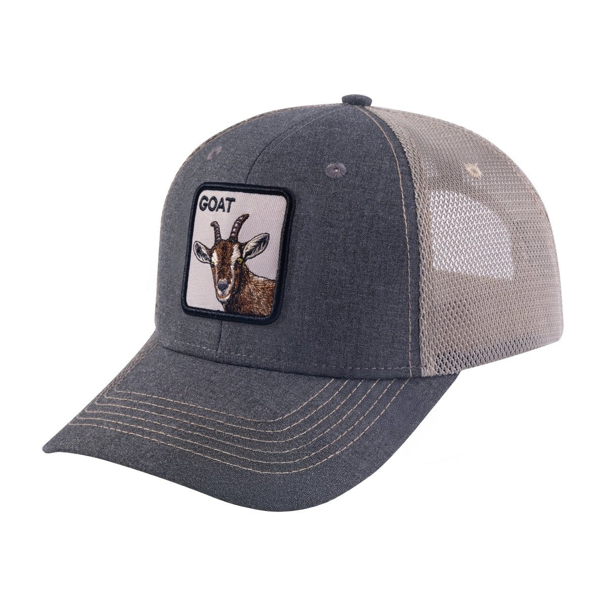 Unisex Embroidered The Goat, 6-Panel Trucker Hat, Dark Grey/Khaki, Adjustable Fit