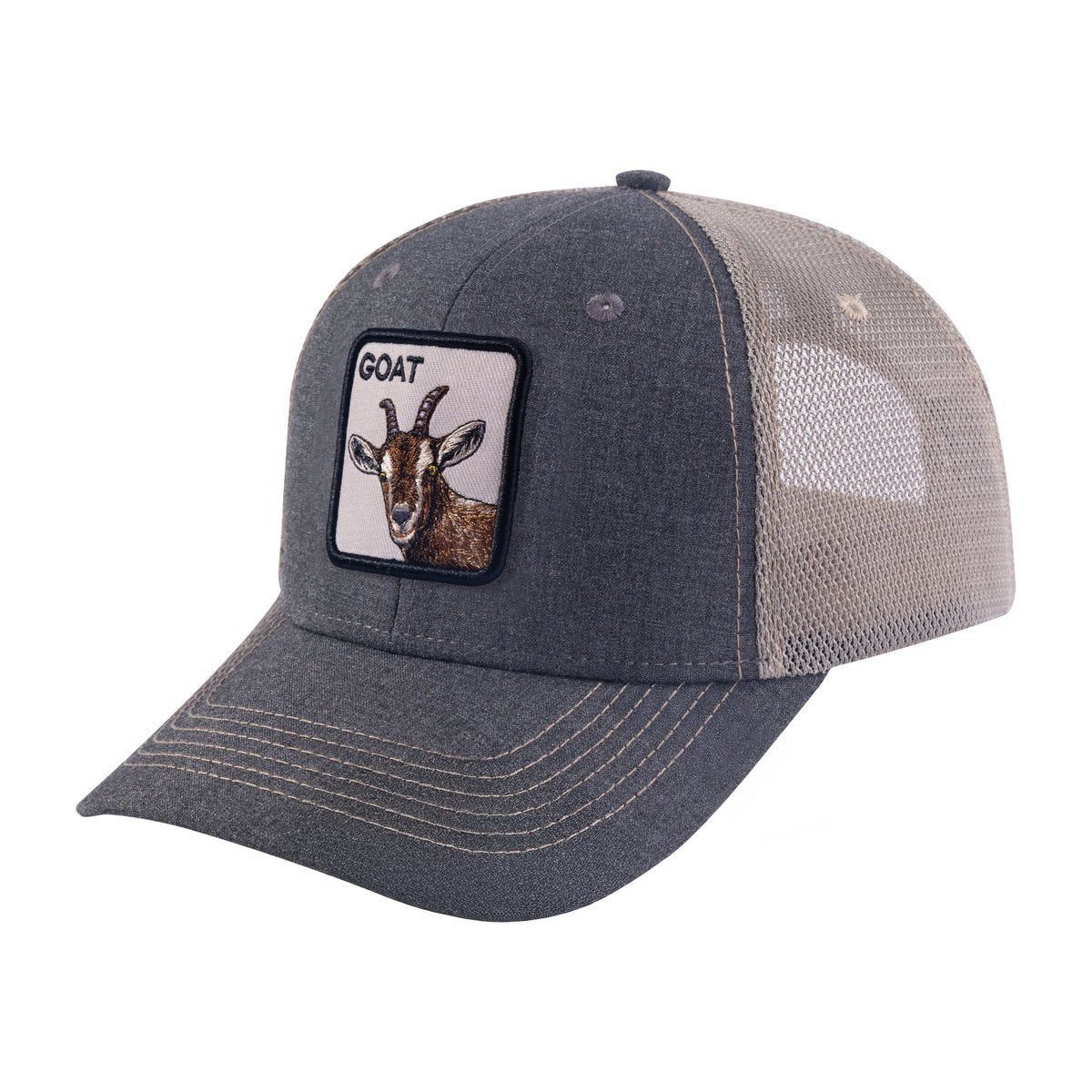 Unisex Embroidered The Goat, 6-Panel Trucker Hat, Black/Light Grey, Adjustable Fit