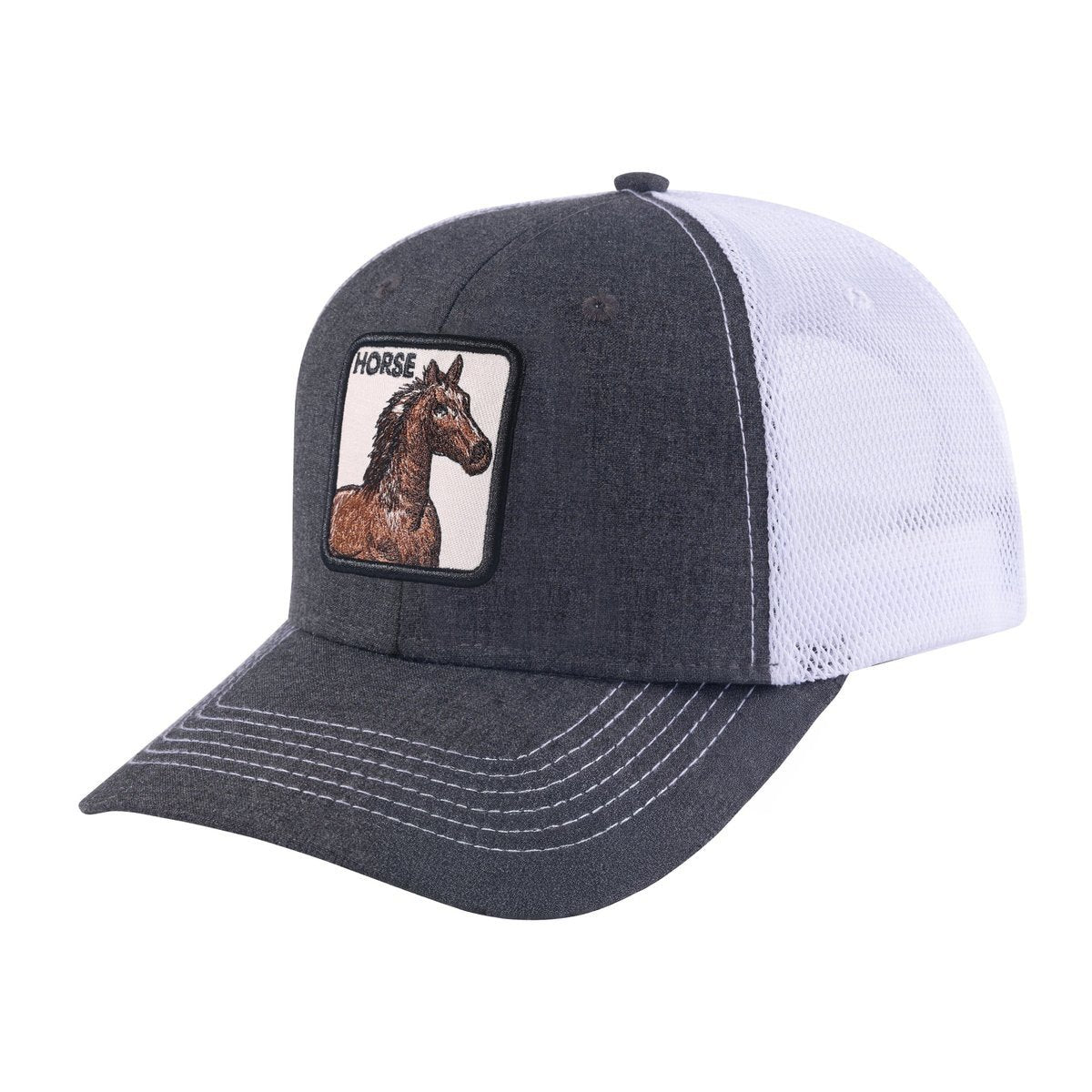 Unisex Embroidered The Horse, 6-Panel Trucker Hat, Dark Grey/White, Adjustable Fit