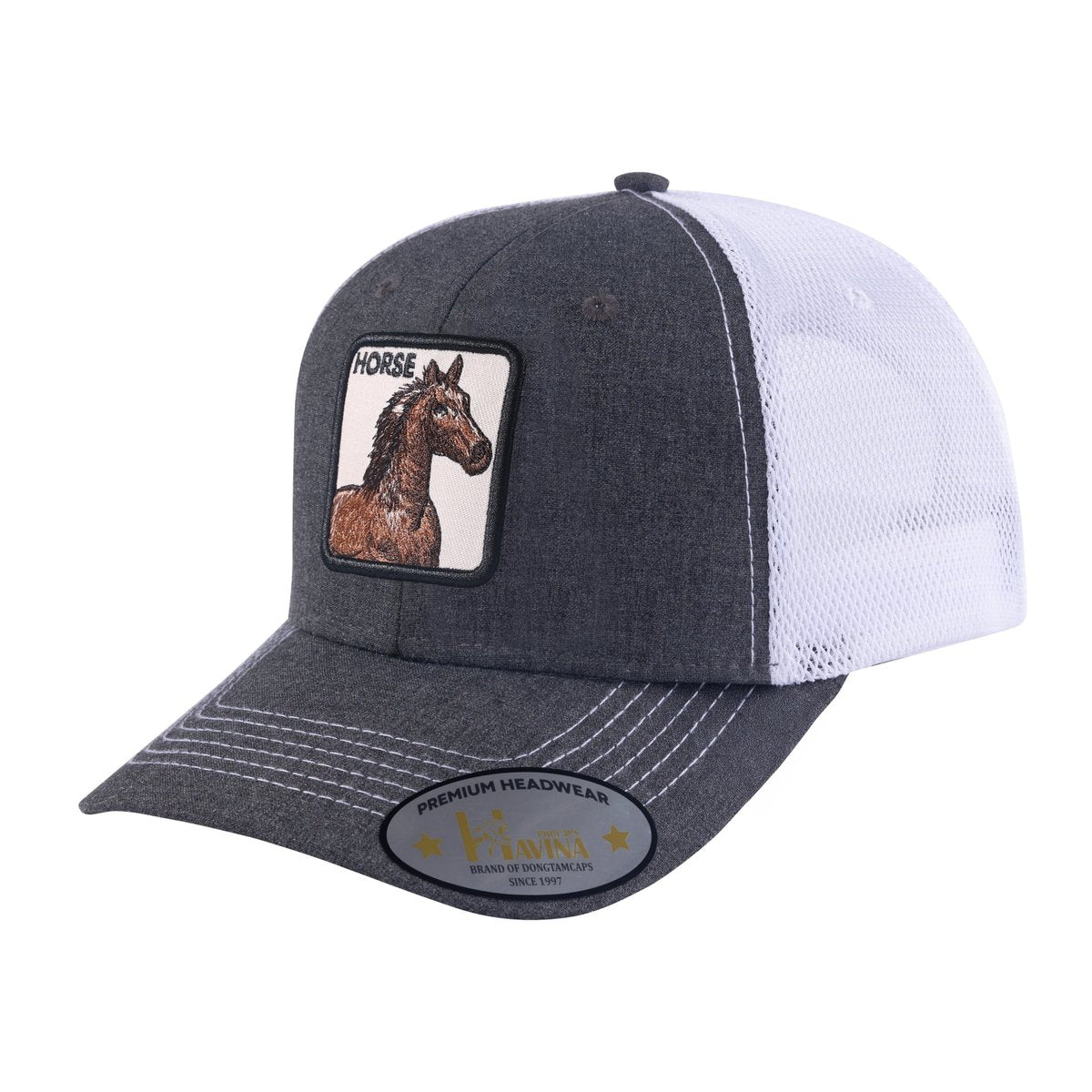 Unisex Embroidered The Horse, 6-Panel Trucker Hat, Dark Grey/White, Adjustable Fit