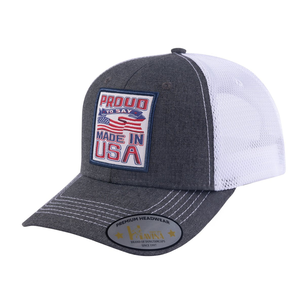 Unisex Embroidered Proud To Say Made In US, 6-Panel Trucker Hat, Dark Grey/White, Adjustable Fit