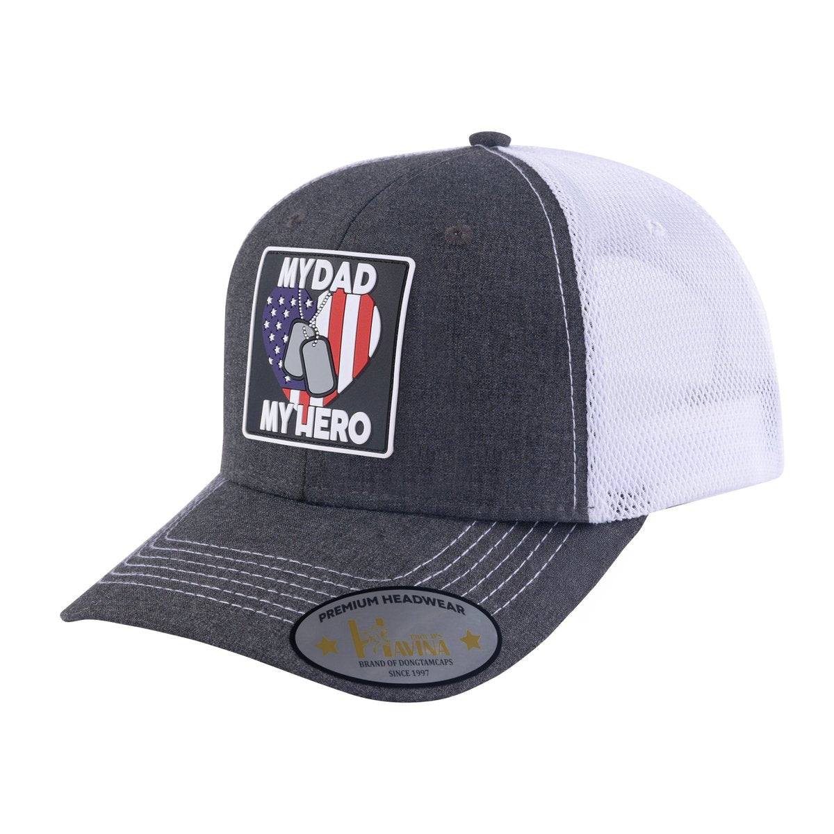 Embroidered My Dad My Hero - 6 Panel Trucker Hat - Dark Grey/White