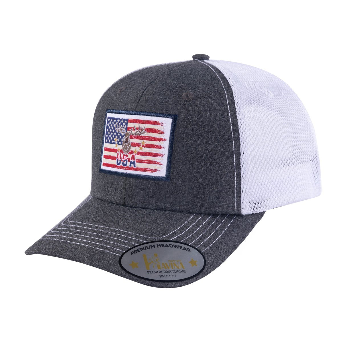 Unisex Embroidered Usa Deer Hunter, 6-Panel Trucker Hat, Dark Grey/White, Adjustable Fit