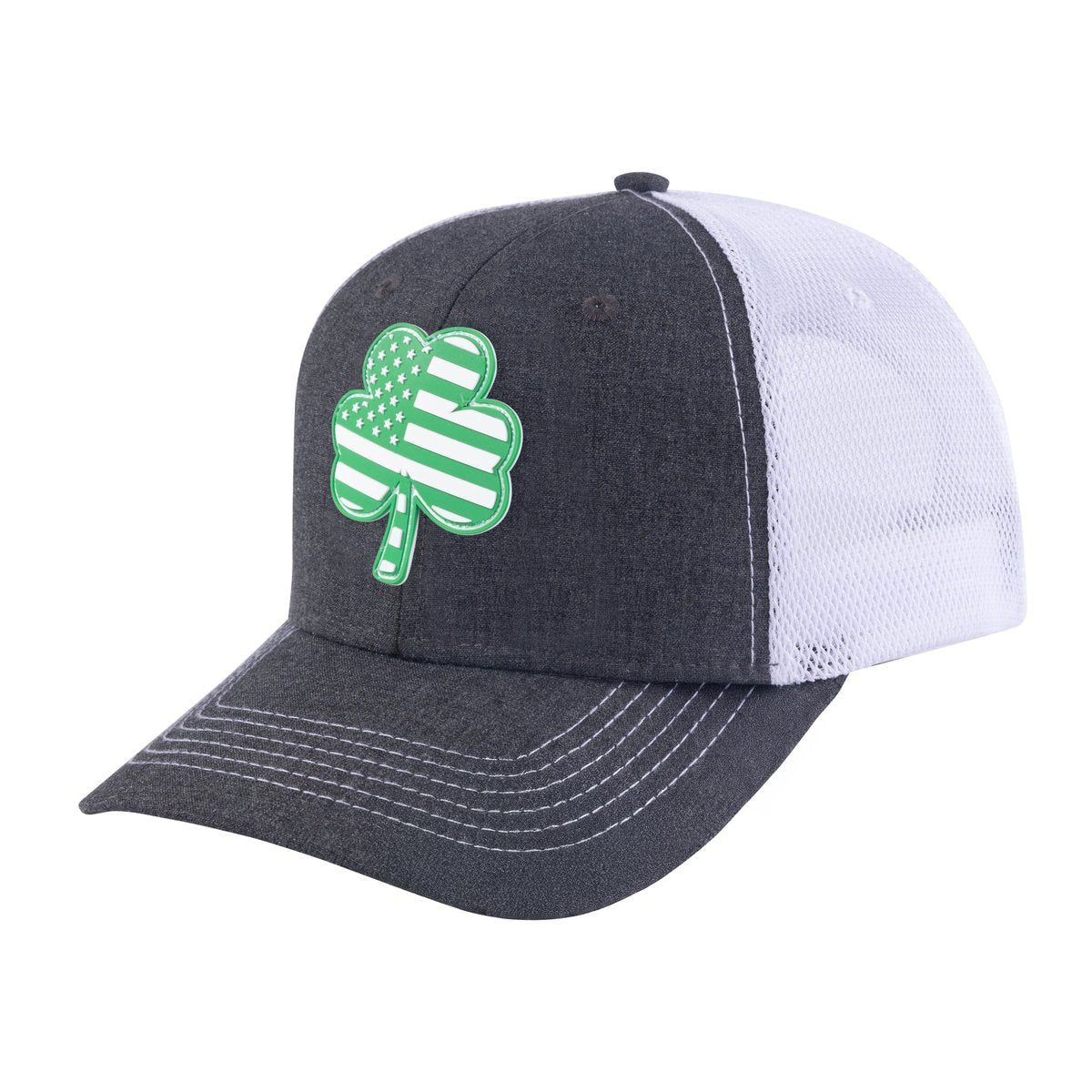 Unisex Embroidered St. Patrick'S Day Four Leaf Shamrock, 6-Panel Trucker Hat, Dark Grey/White, Adjustable Fit