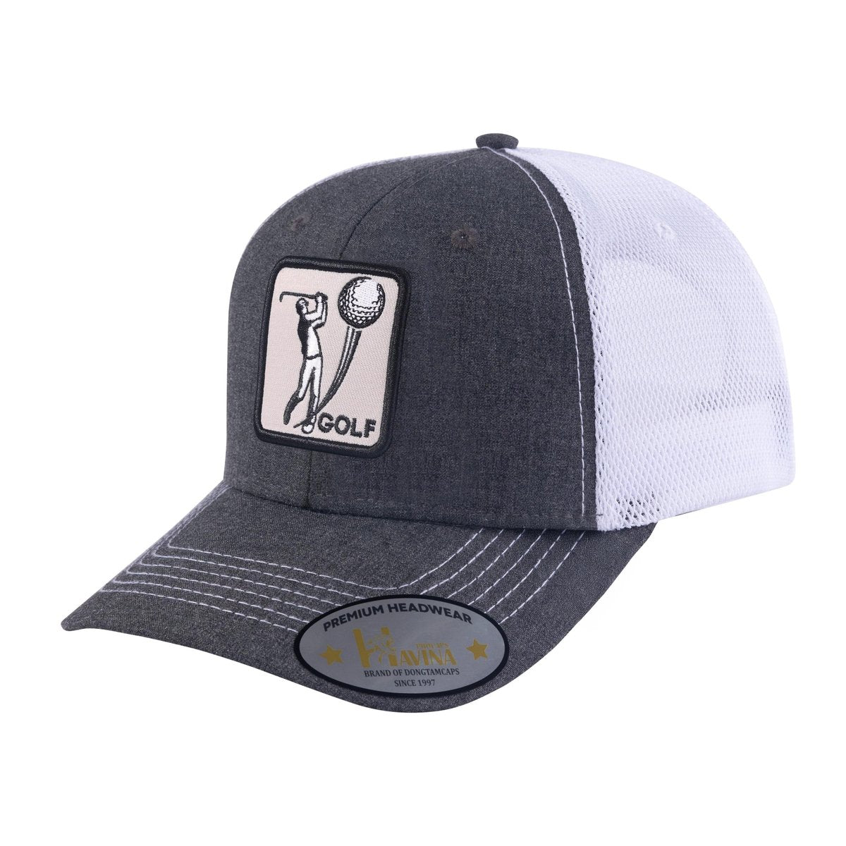 Unisex Embroidered Golf, 6-Panel Trucker Hat, Dark Grey/White, Adjustable Fit