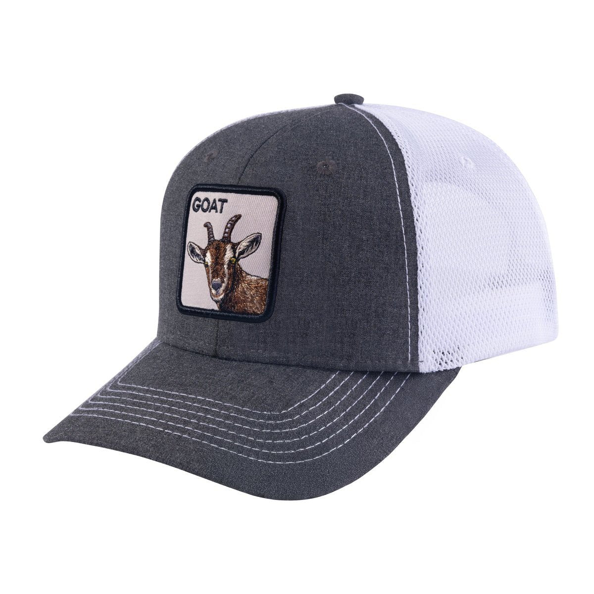 Unisex Embroidered The Goat, 6-Panel Trucker Hat, Dark Grey/White, Adjustable Fit
