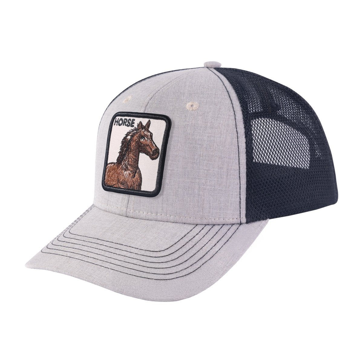 Unisex Embroidered The Horse, 6-Panel Trucker Hat, Khaki/Black, Adjustable Fit