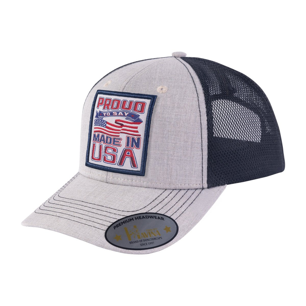 Embroidered Proud To Say Made In US - 6 Panel Trucker Hat - Khaki/Black