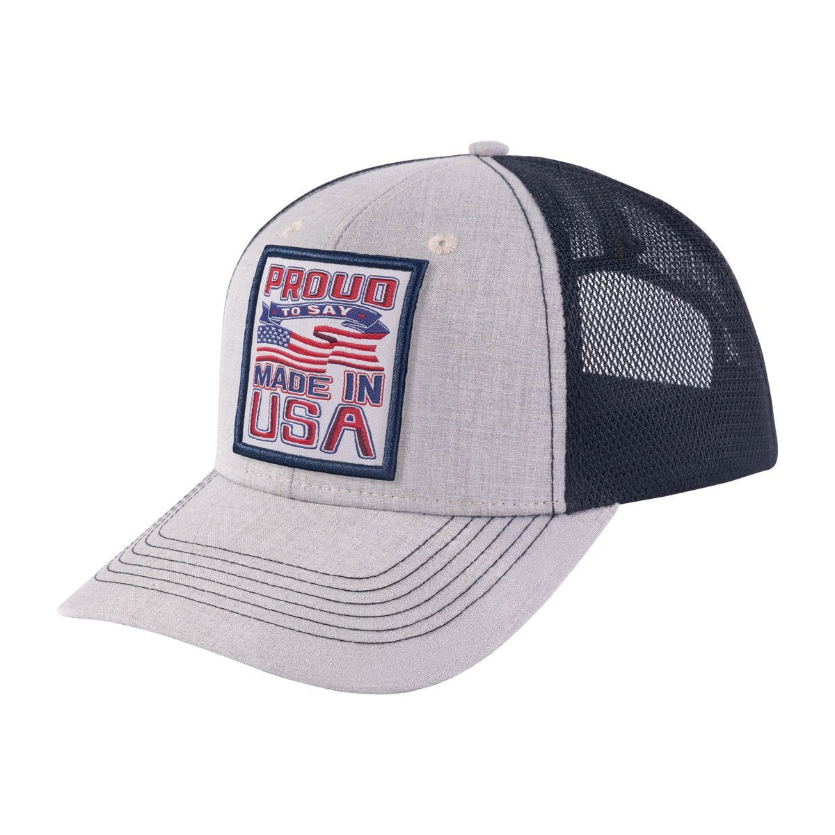 Unisex Embroidered Proud To Say Made In US, 6-Panel Trucker Hat, Khaki/Black, Adjustable Fit