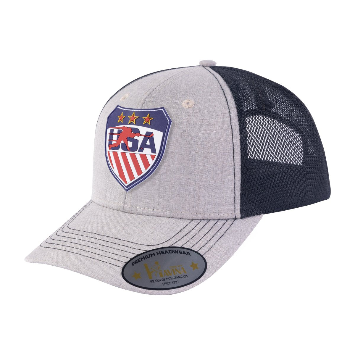 Embroidered Loving Hockey - 6 Panel Trucker Hat - Khaki/Black
