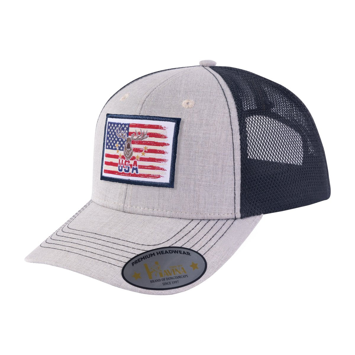Unisex Embroidered US Deer Hunter, 6-Panel Trucker Hat, Light Grey/Black, Adjustable Fit