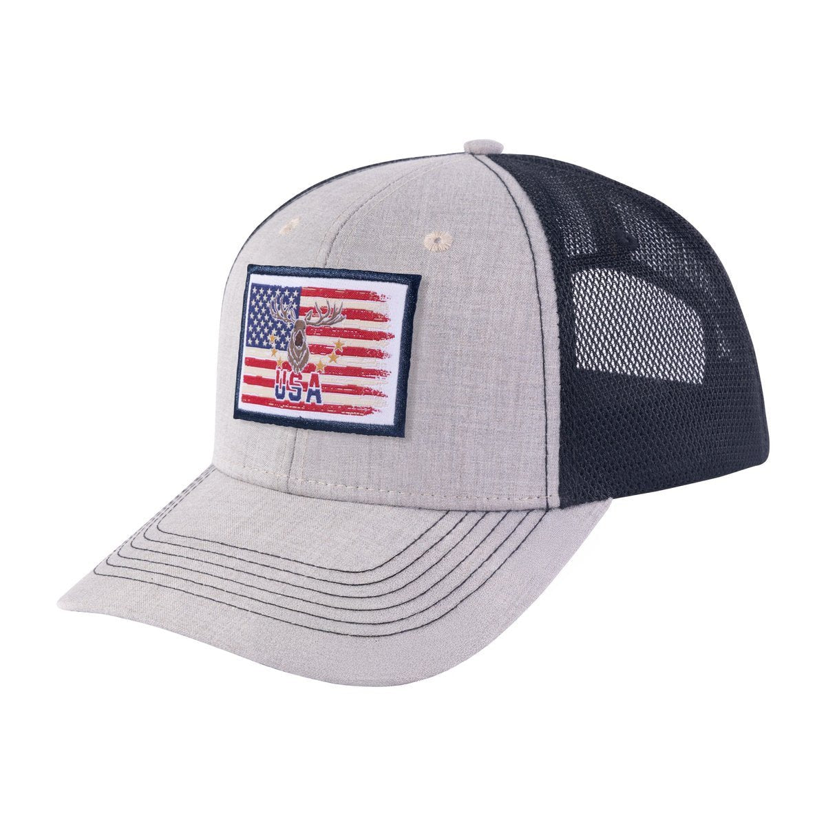 Unisex Embroidered US Deer Hunter, 6-Panel Trucker Hat, Khaki/Black, Adjustable Fit