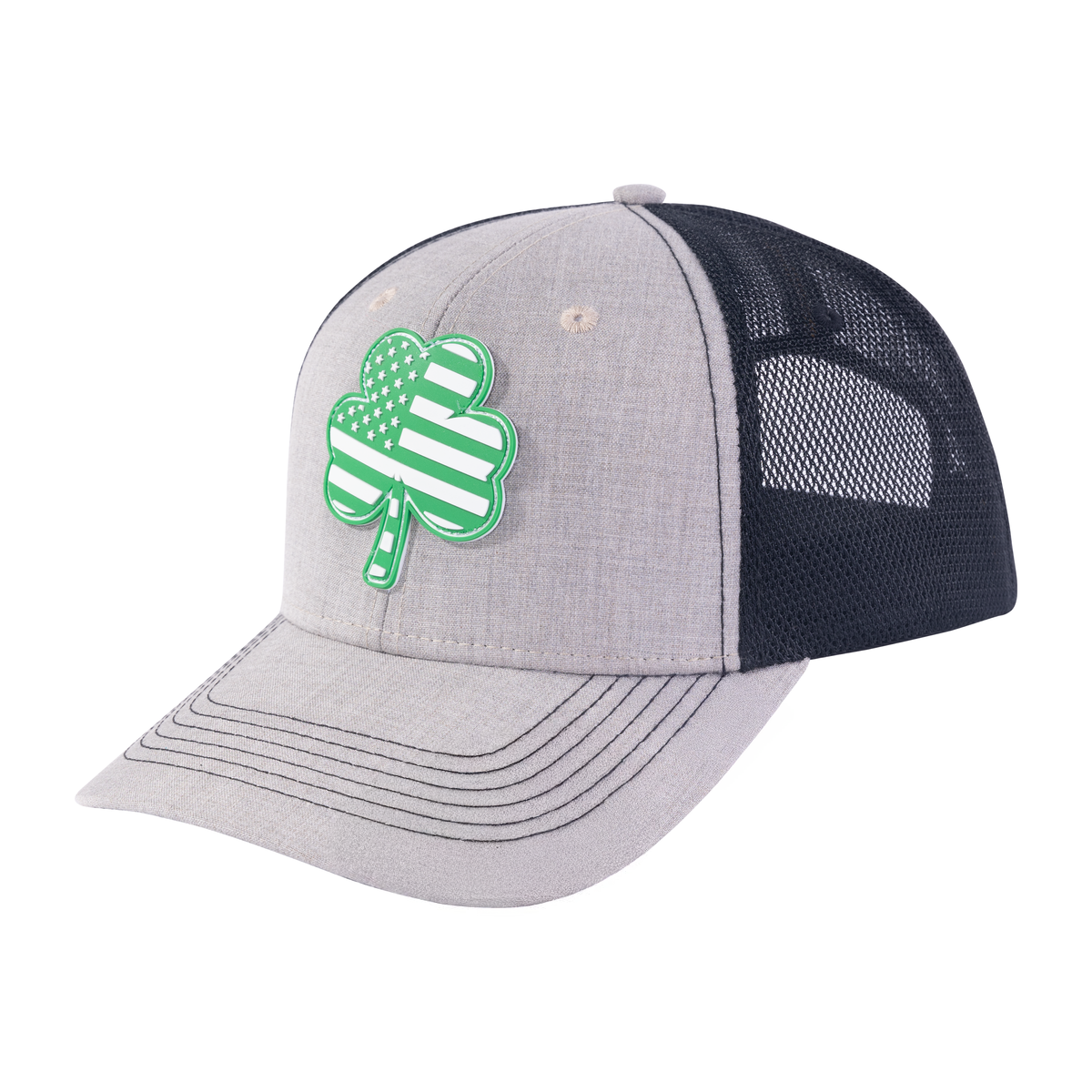 Unisex Embroidered St. Patrick'S Day Four Leaf Shamrock, 6-Panel Trucker Hat, Khaki/Black, Adjustable Fit
