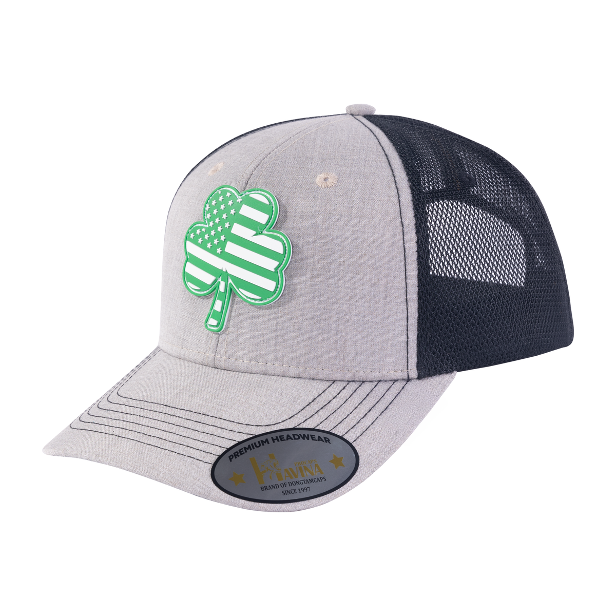 Unisex Embroidered St. Patrick'S Day Four Leaf Shamrock, 6-Panel Trucker Hat, Khaki/Black, Adjustable Fit
