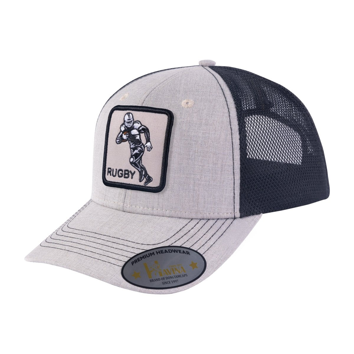 Embroidered Rugby/Football - 6 Panel Trucker Hat - Khaki/Black