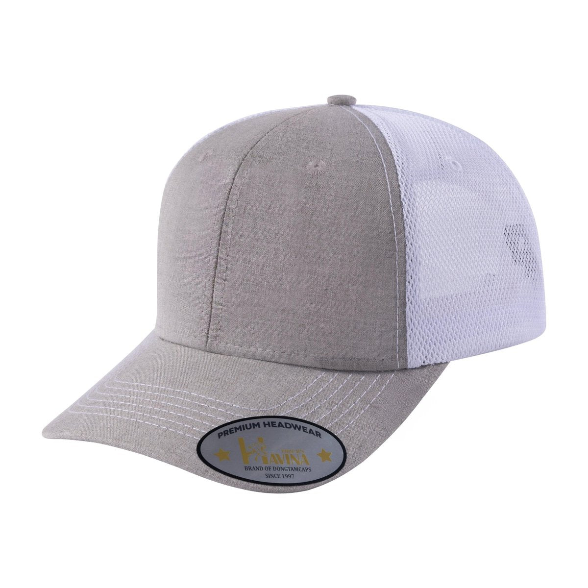 Unisex Blank, 6-Panel Trucker Hat, Khaki/White, Adjustable Fit