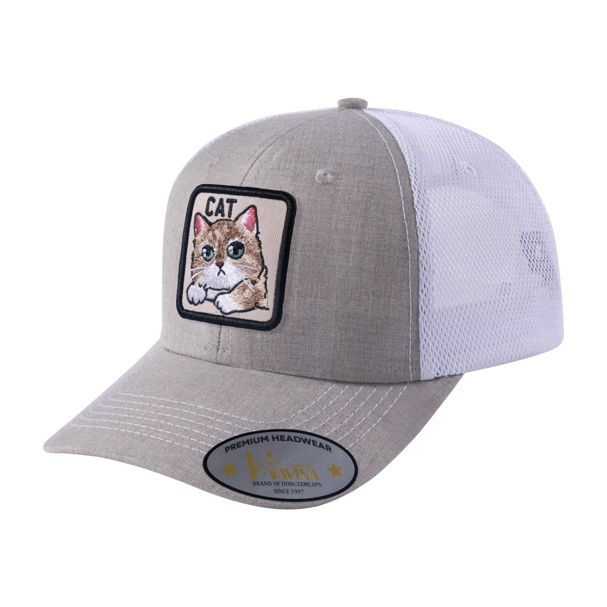 Unisex Embroidered The Cat, 6-Panel Trucker Hat, Khaki/White, Adjustable Fit