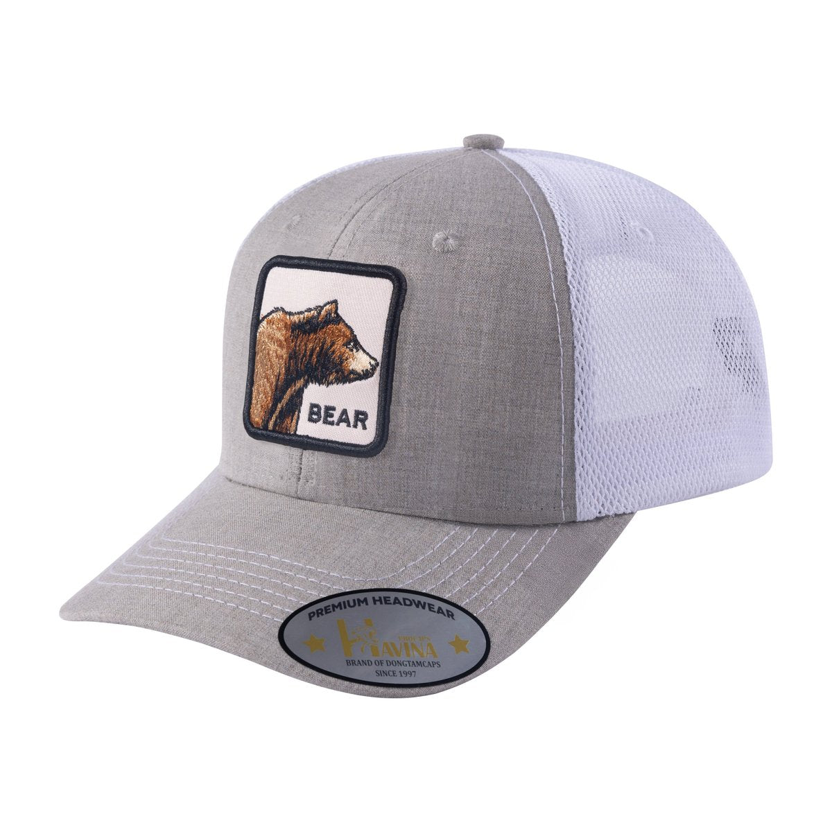 Unisex Embroidered The Bear, 6-Panel Trucker Hat, Khaki/White, Adjustable Fit