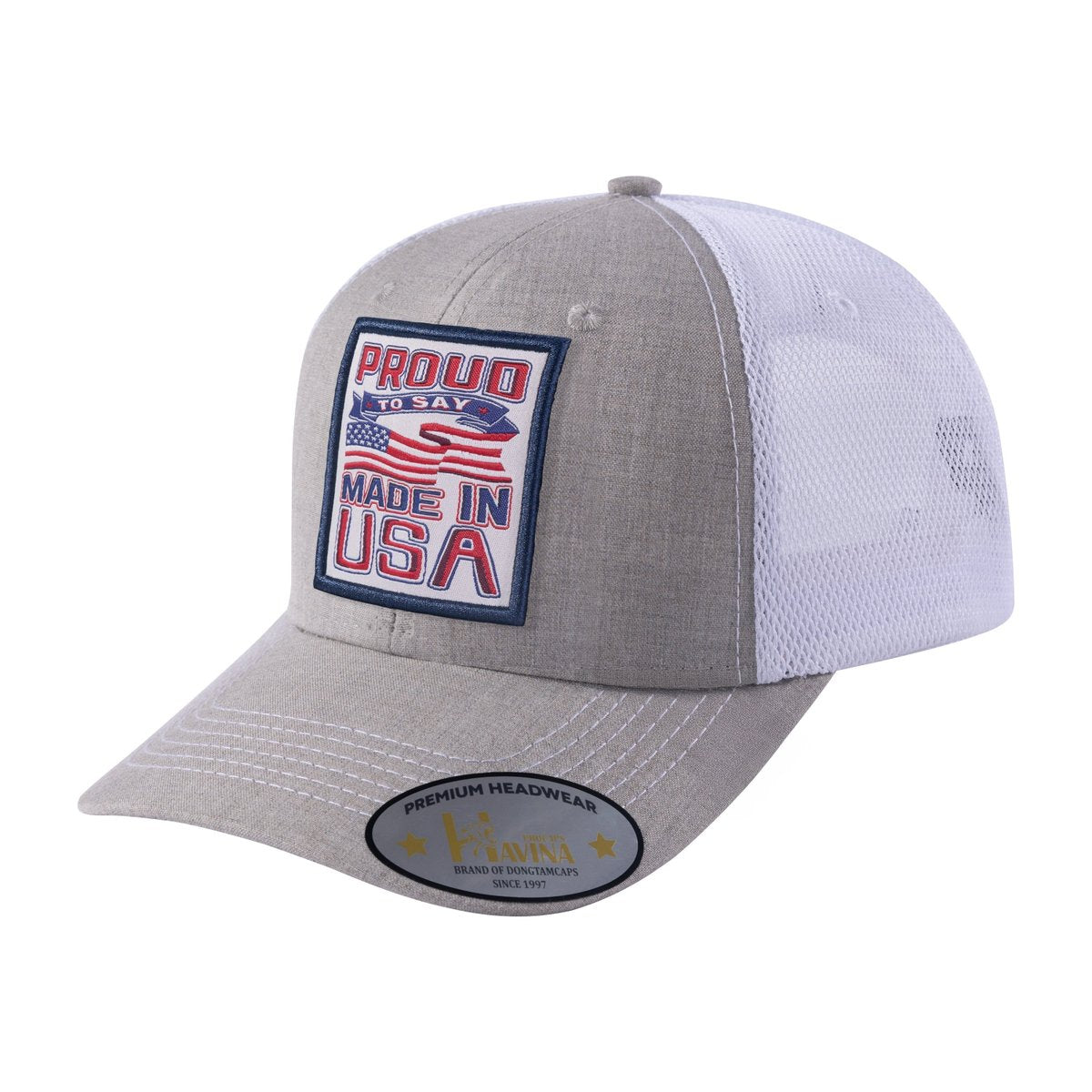 Unisex Embroidered Proud To Say Made In US, 6-Panel Trucker Hat, Khaki/White, Adjustable Fit