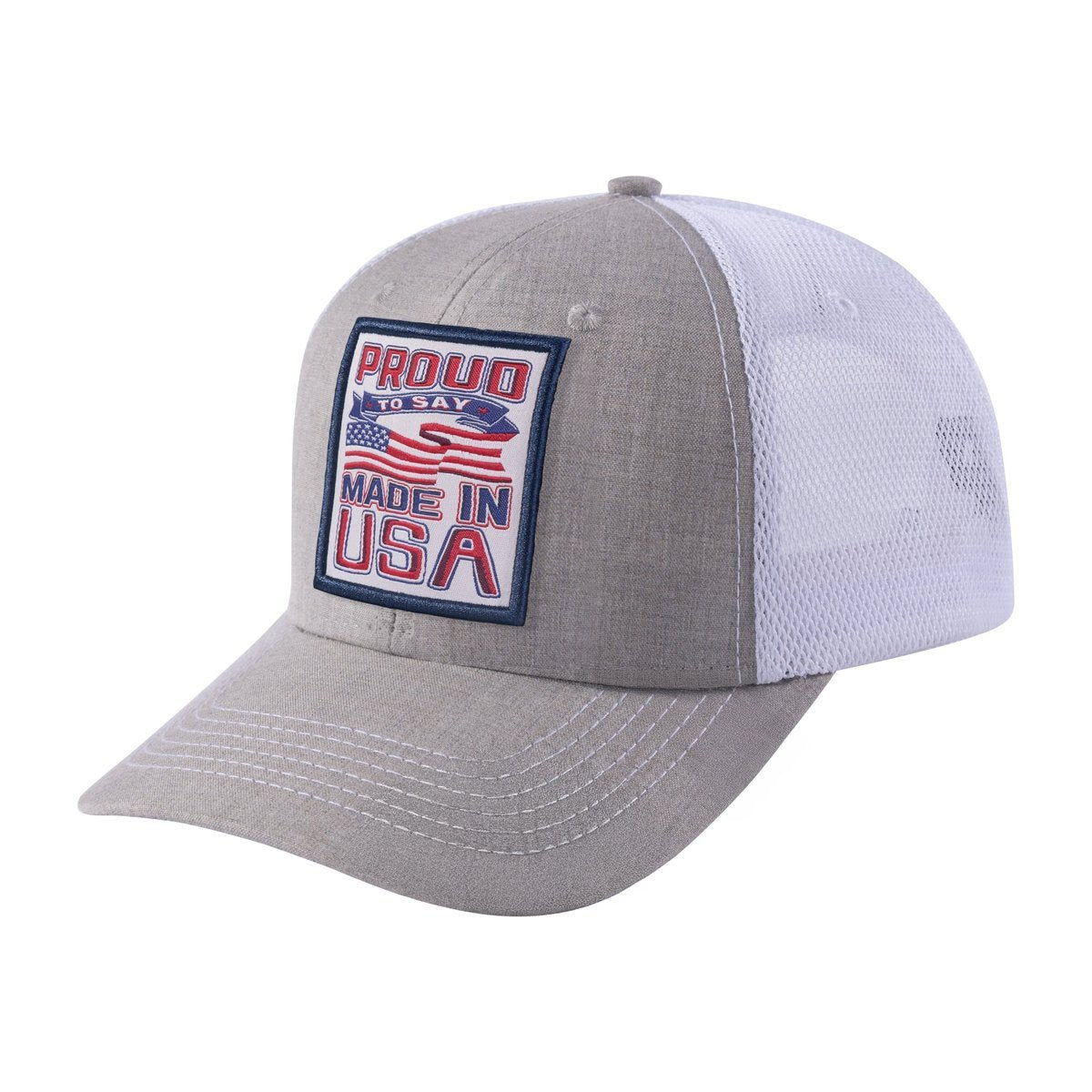 Unisex Embroidered Proud To Say Made In US, 6-Panel Trucker Hat, Khaki/White, Adjustable Fit