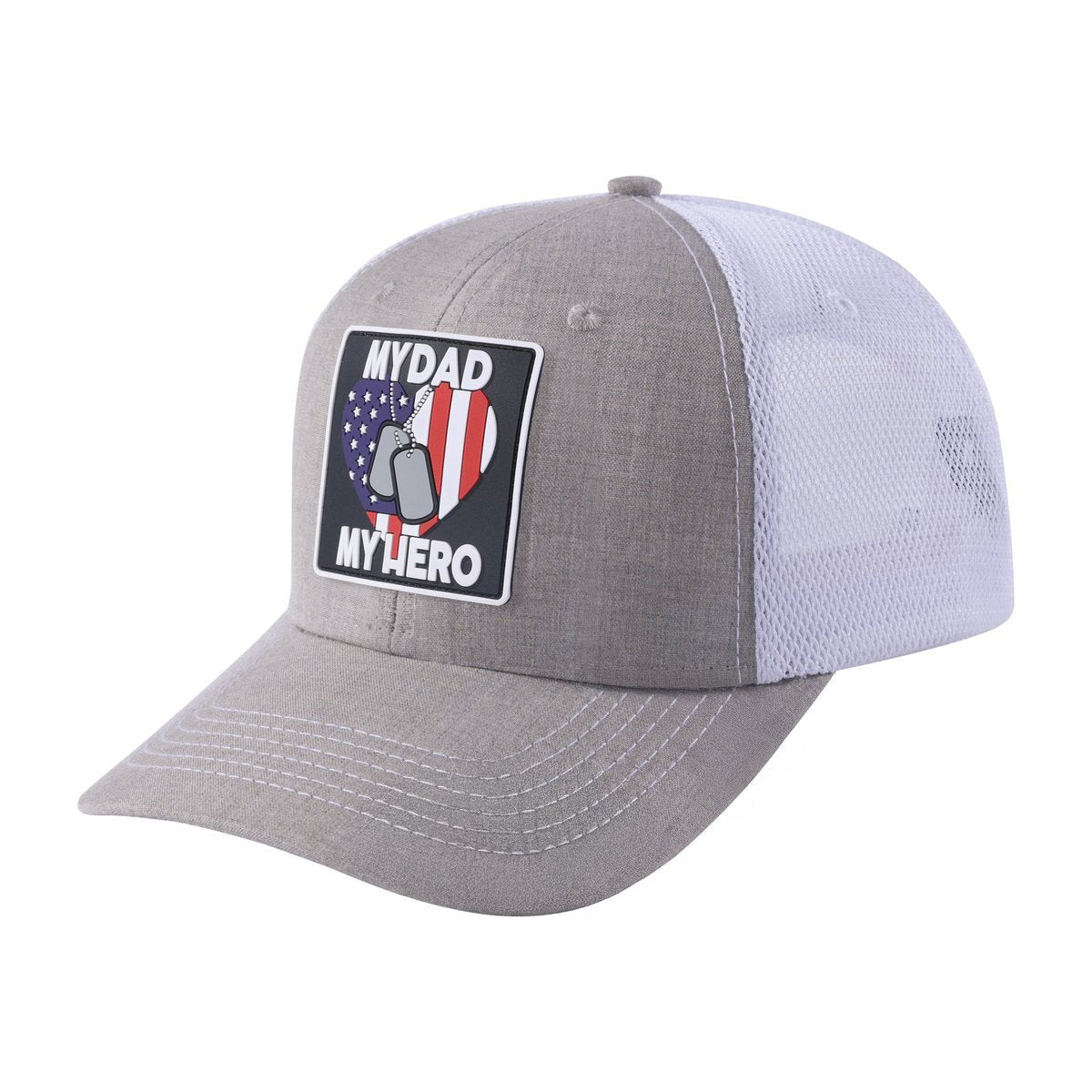 Unisex Embroidered My Dad My Hero, 6-Panel Trucker Hat, Khaki/White, Adjustable Fit