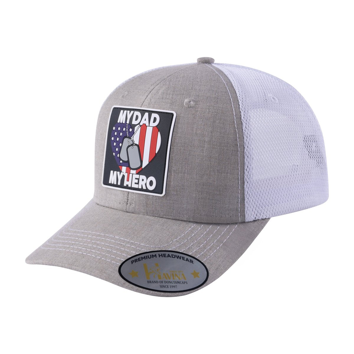 Unisex Embroidered My Dad My Hero, 6-Panel Trucker Hat, Khaki/White, Adjustable Fit