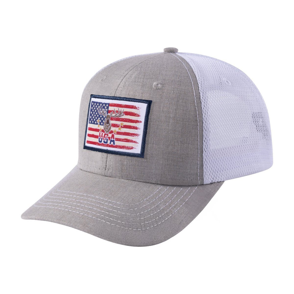 Unisex Embroidered Usa Deer Hunter, 6-Panel Trucker Hat, Khaki/White, Adjustable Fit