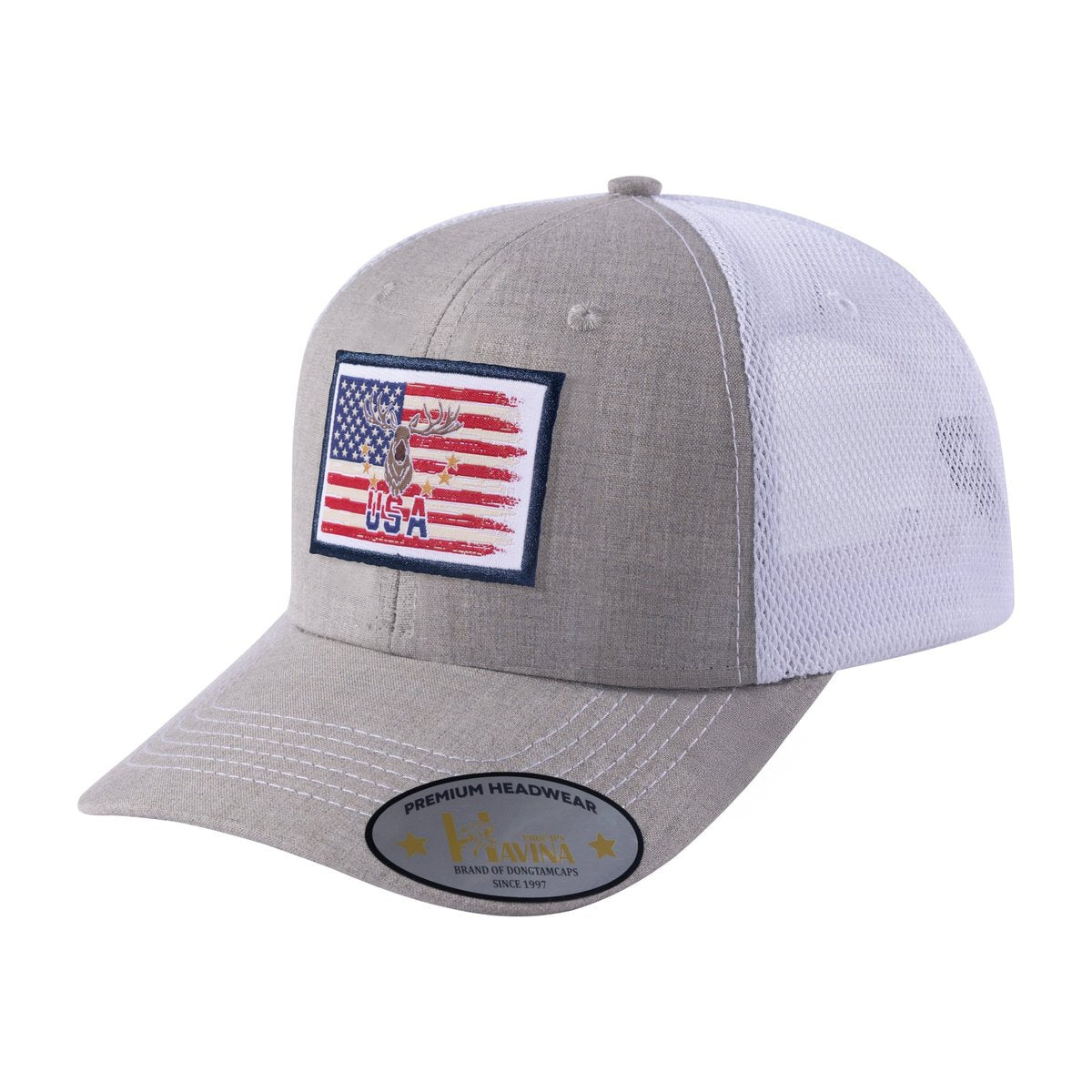 Embroidered US Deer Hunter - 6 Panel Trucker Hat - Khaki/White