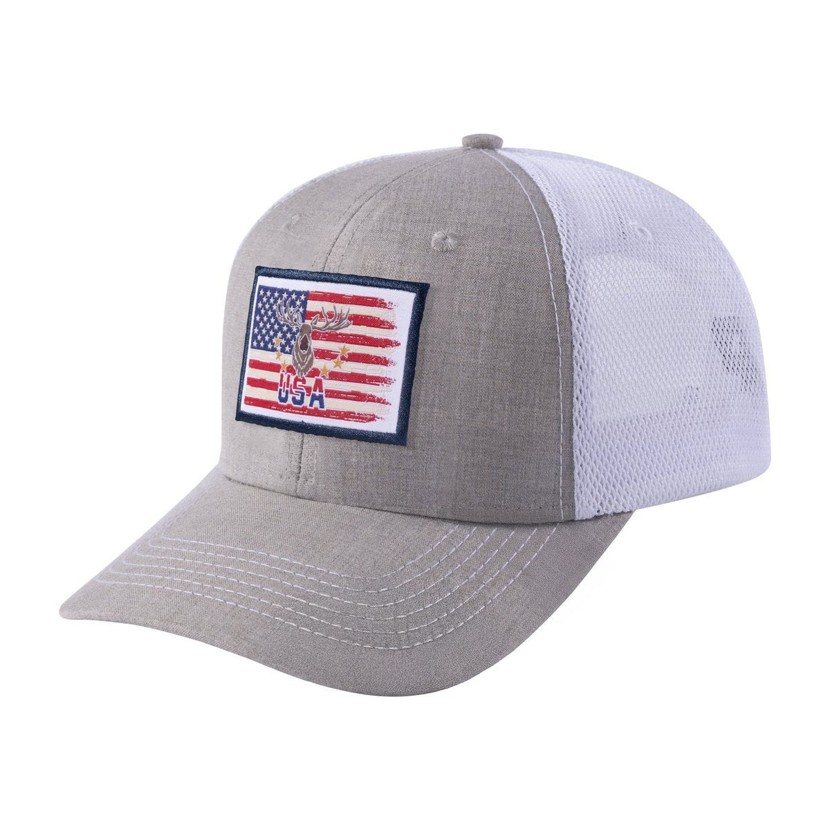 Unisex Embroidered US Deer Hunter, 6-Panel Trucker Hat, Khaki/White, Adjustable Fit