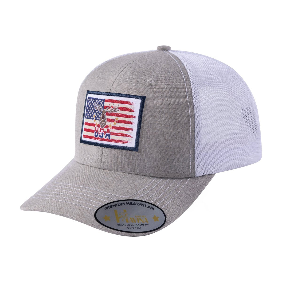 Embroidered Usa Deer Hunter - 6 Panel Trucker Hat - Khaki/White