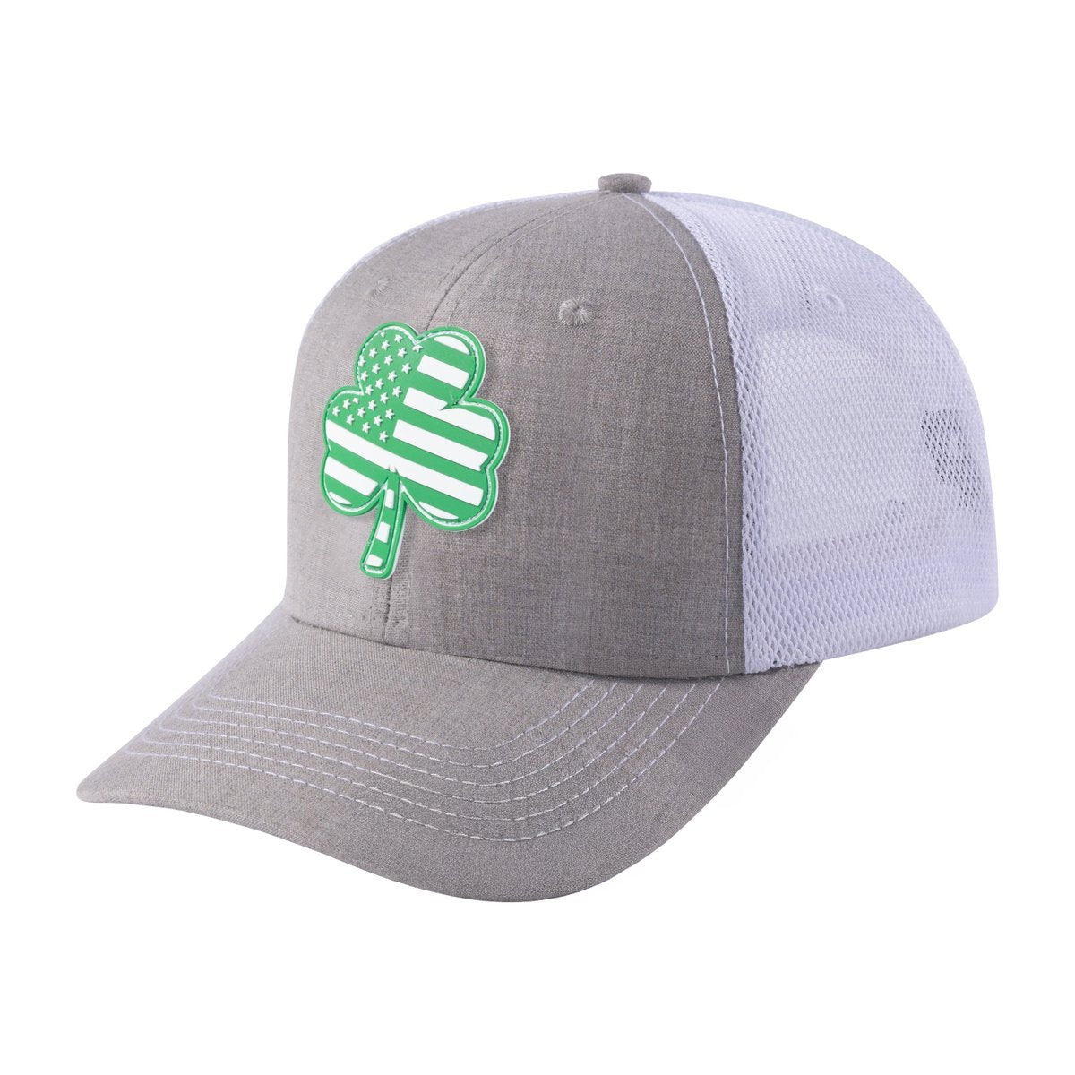 Unisex Embroidered St. Patrick'S Day Four Leaf Shamrock, 6-Panel Trucker Hat, Khaki/White, Adjustable Fit