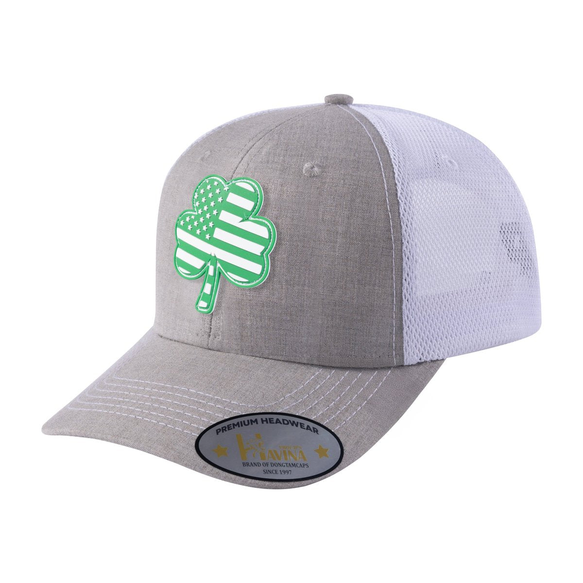 Embroidered St. Patrick'S Day Four Leaf Shamrock - 6 Panel Trucker Hat - Khaki/White