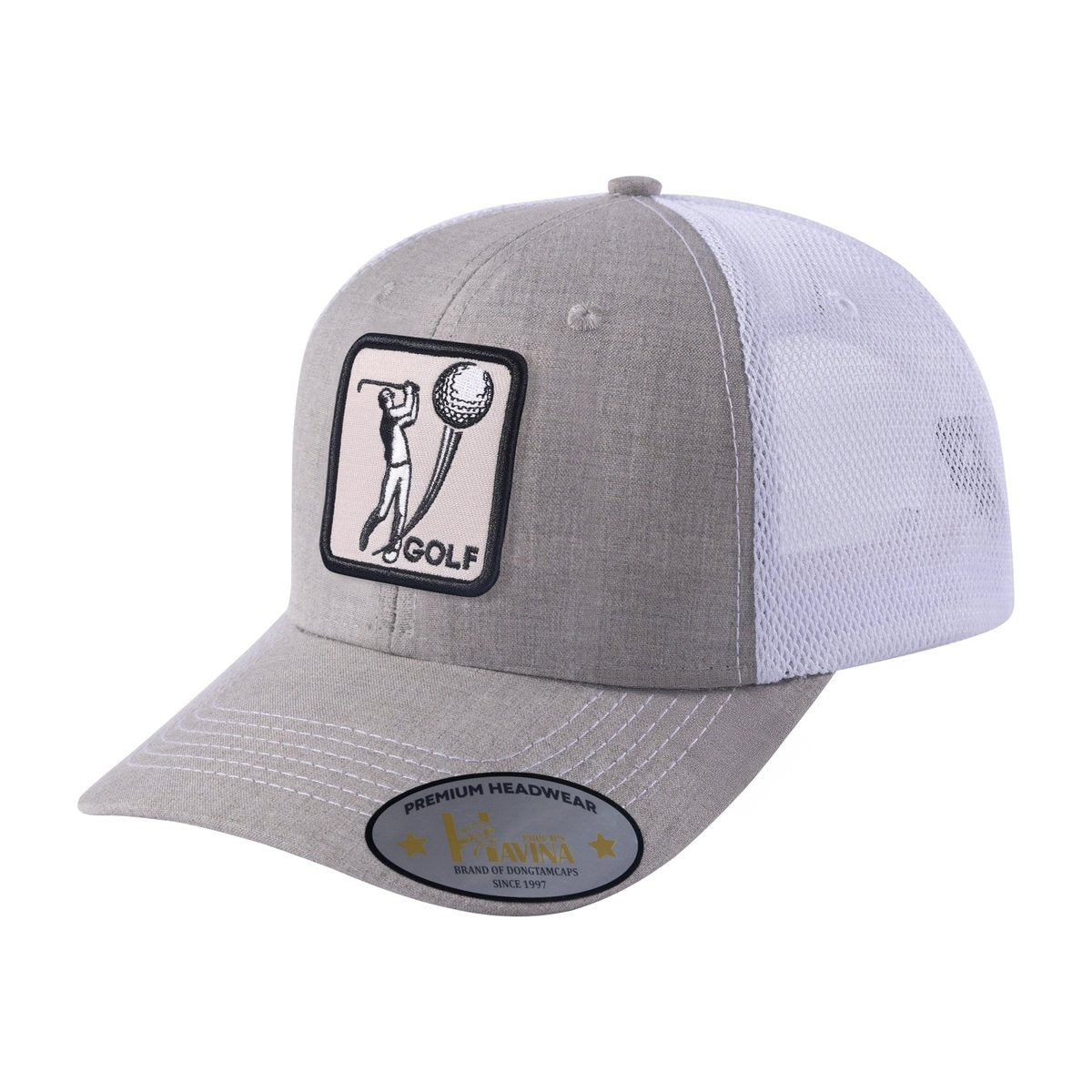 Embroidered Golf - 6 Panel Trucker Hat - Khaki/White