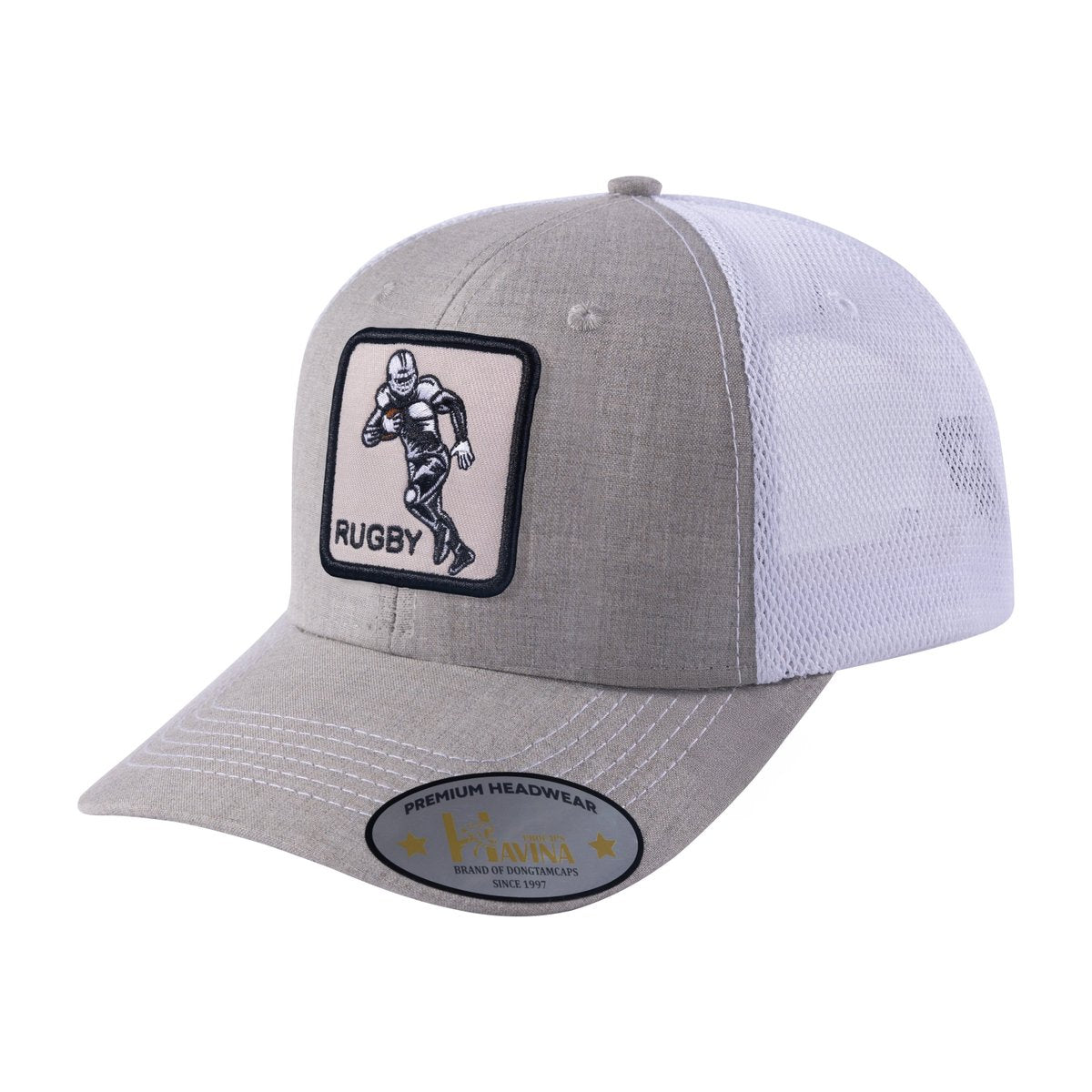 Embroidered Rugby/Football - 6 Panel Trucker Hat - Khaki/White