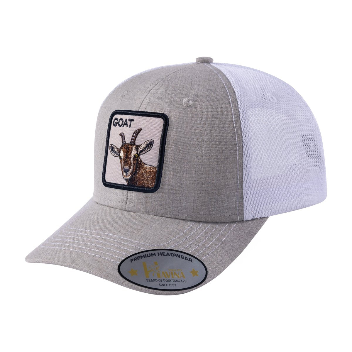 Unisex Embroidered The Goat, 6-Panel Trucker Hat, Khaki/White, Adjustable Fit